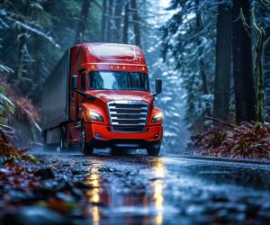 bright-red-modern-big-rig-semi-truck-with-high-cabin-flat-bed-trailer-moves-wet-narrow-forest-road-rain-with-headlights_116317-49911